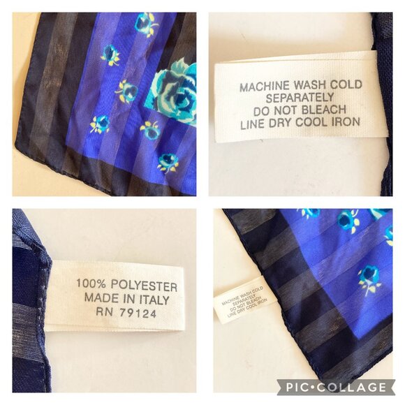 Vintage Blue Roses Rose Flower Scarf Floral 20 X 20" Made in Italy Chiffon Green - Picture 16 of 16